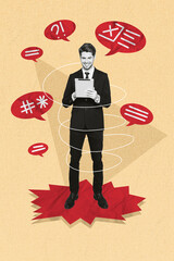Poster - Vertical collage image of black white effect elegant positive guy use tablet dialogue bubble chatting isolated on beige background