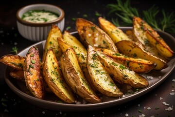 Wall Mural - Savory Indulgence: Herb and Parmesan Baked Potato Wedges Served with Delicious Dipping Sauce