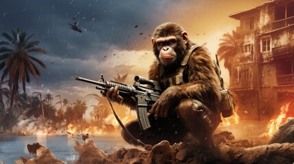 Monkey with a machine gun in military clothes. The concept of senseless aggression and destruction.