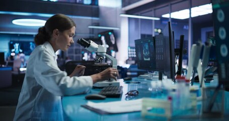 Leinwandbilder - Medicine Development Laboratory: Caucasian Female Scientist Using Microscope, Analyzes Petri Dish Sample. Pharmaceutical Lab with Specialists Conducting Biotechnology Research, Developing New Drugs.