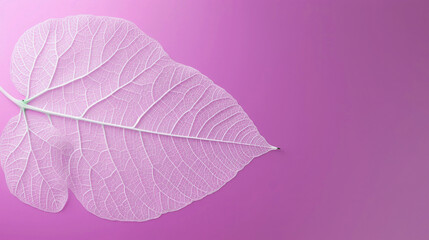 Wall Mural - One white single leaf with structure on pink, purple background 