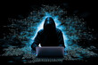 © Tony Baggett - A hooded figure hacking data servers and laptops on the internet while trying to hack vulnerable systems to test cybersecurity and plant a virus or malware, Generative AI stock illustration image