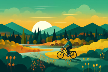 Wall Mural - Mountain biker cyclists shown in a contemporary athletic abstract design cycling bike landscape, computer Generative AI stock illustration image