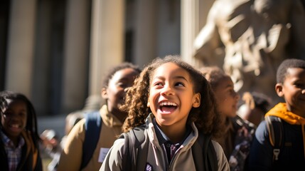 Field trip fascination, dynamic shot of students exploring a historical monument, their curious gazes and gestures capturing active, outdoor learning.