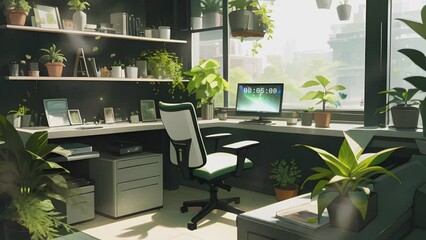 work space with computer setup and beautiful natural ornamental plants. cartoon or anime illustratio