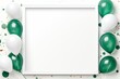 White Frame with Green Balloons and Confetti on White Background