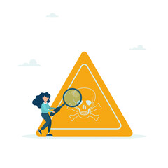 A girl with a magnifying glass investigates an incident with a danger sign. Incident management, root cause analysis or problem resolution, identification of risk or critical failure.
