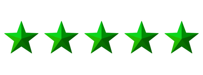 Wall Mural - Five green stars with a 3D effect on a transparent background – Design of five stars that can represent a rating, ranking or classification