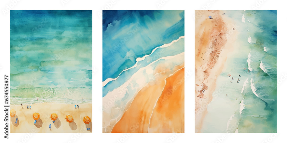 Set of hand drawn beach landscape backgrounds. Watercolor vector ...
