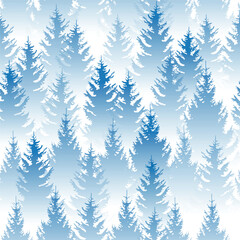 Wall Mural - vector decorative seamless pattern with silhouettes of blue trees in misty snowy forest - wrapping p