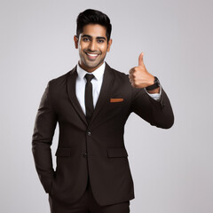 Wall Mural - Young indian businessman showing thumps up on white background.