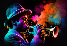 Afro-American Male Trumpeter Musician Playing A Brass Trumpet In An Abstract Vintage Distressed Style Music Painting For A Poster Or Flyer, Computer Generative AI Stock Illustration Image