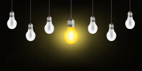 Poster - Set of pendant light bulbs with one luminous one. Trendy flat vector light bulb icon with idea concept on black background. Image idea for thinking concept. Vector illustration