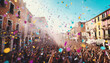 Cityscape with crowd of celebrating people ,concept carnival