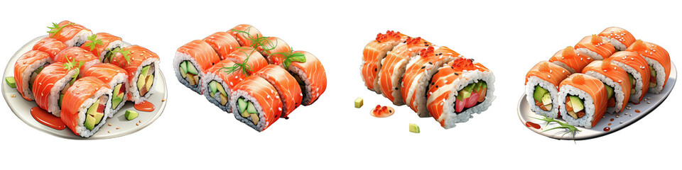 Wall Mural - Salmon sushi roll  Hyperrealistic Highly Detailed Isolated On Transparent Background Png File