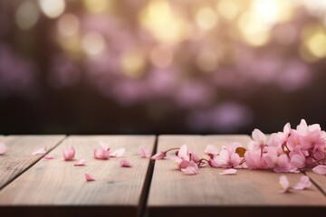 Wall Mural - Close-up view of pink cherry blossom flower petal on wood table top in Spring.