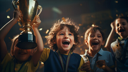 Wall Mural - Happy kids with medals and trophy cup smiling, and looking at camera