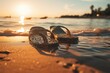 Close-up view of a pair of sandals with sunset sea water at sand beach. Summer tropical vacation concept.