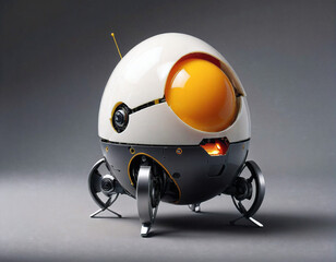 Poster - robot in the form of an egg with a yolk instead of a head in a futuristic environment. Generated AI