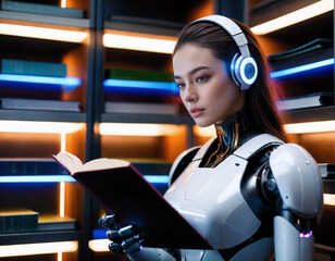 Poster - humanoid cyborg with a beautiful face reads a book surrounded by a futuristic server room. Generated AI