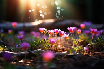 Wall Mural - Wild flower field in foggy forest at sunrise with variable colors in Spring. Spring seasonal concept.