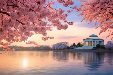 Wall Mural - Pink cherry blossom flower and Jefferson Memorial over lake at sunrise in Washington DC, USA.
