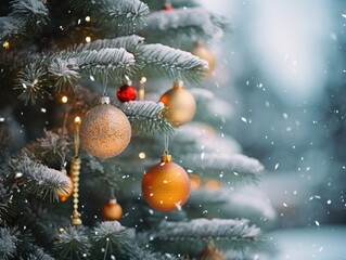 Close-up view of Christmas tree decorated for holiday season. Winter seasonal concept.