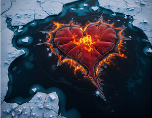 Poster - fiery red heart-shaped island covered with lava among the icy ocean. Generated AI
