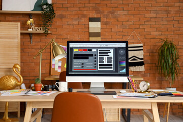 Poster - Interior designer's workplace with computer monitor in office