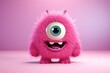 Funny fluffy monster isolated on clear pink background. Happy and furry little monster. Cute yeti. Halloween character