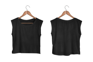 Wall Mural - Women's Black Sleeveless Crop Top Front and Back View on Wooden Hanger