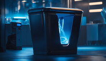 A Futuristic Trash Bin With Sleek Metallic Curves And A Glowing Blue Light, Overflowing With Discarded Technology And Gadgets..