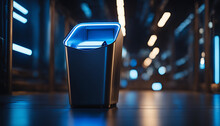 A Futuristic Trash Bin With Sleek Metallic Curves And A Glowing Blue Light, Overflowing With Discarded Technology And Gadgets..