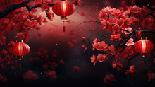 Happy Chinese New Year 2024. Sakura Branches Of Blossoming Against With A Chinese Lanterns Of Blurred Background. Religion And Culture Of Chinese Festival Celebration Traditional . Generative AI