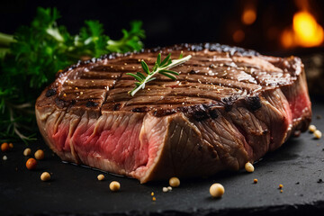 Wall Mural - juicy beef steak with rosemary on top. food image cooking close up image