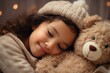 A heartwarming moment of a child embracing a plush toy, gifted to them on Christmas morning, their eyes sparkling with joy and gratitude