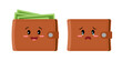 Happy full wallet and unhappy empty wallet cartoon character in flat design on white background.