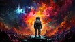 Astronauta w kolorowej przestrzeni kosmicznej z nebulami i tęczowymi chmurami. 