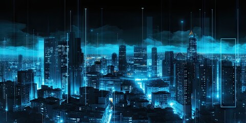 Poster - digital networked cityscape. futuristic skyscrapers and modern technology. future urban architecture