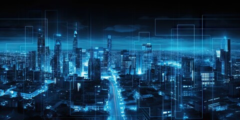 Poster - digital networked cityscape. futuristic skyscrapers and modern technology. future urban architecture