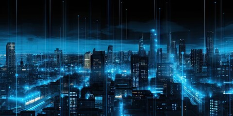 Poster - digital networked cityscape. futuristic skyscrapers and modern technology. future urban architecture