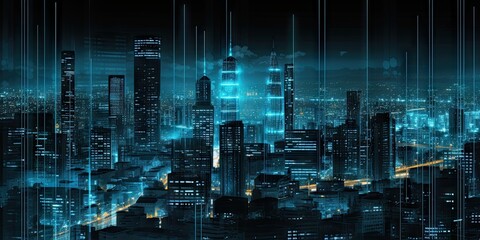 Poster - digital networked cityscape. futuristic skyscrapers and modern technology. future urban architecture