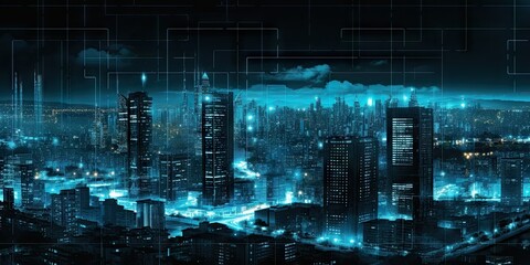 Poster - digital networked cityscape. futuristic skyscrapers and modern technology. future urban architecture