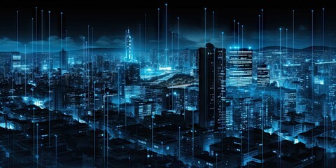 Poster - digital networked cityscape. futuristic skyscrapers and modern technology. future urban architecture