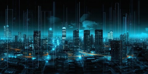 Poster - digital networked cityscape. futuristic skyscrapers and modern technology. future urban architecture