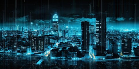 Poster - digital networked cityscape. futuristic skyscrapers and modern technology. future urban architecture