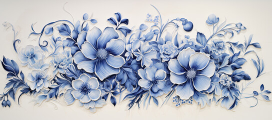 Wall Mural - fondo ramo floral en tono azul sobre fondo blanco