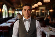 Medium Shot Portrait of a Professional Waiter in His Dress Shirt and Bow Tie