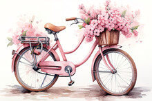 Pastel Colors Cute Old Pink Bicycle With Flowers. Watercolor Image.