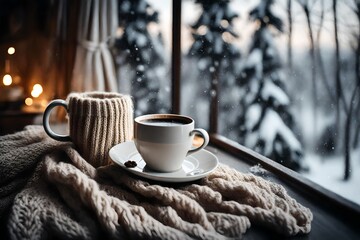 Wall Mural - Cup of coffee in the snow